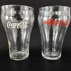 2 Vintage CocaCola Glasses White Red Letters 5 tall 3 Round Drink glass cups - Picture 1 of 7