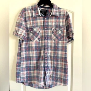 GUESS (Los Angeles) Men’s Blue/Red Plaid Button Up Two Pocket Shirt-LARGE - Picture 1 of 4