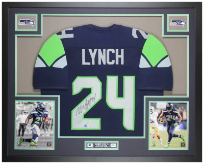 Marshawn Lynch Autographed & Framed Blue Seattle Jersey Auto Beckett COA - Image 1 of 4