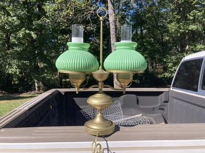 Vtg Electric Brass Double Arm Student Table Desk Lamp Green Ribbed Glass Shades - Image 1 of 4