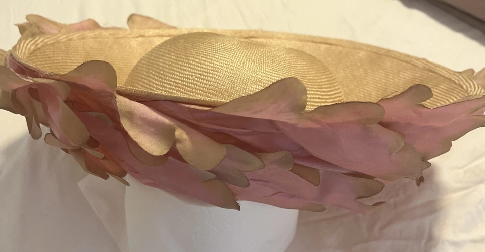 Vintage Mr John Classic Hat of New York & Paris Pink Petal Woven Straw 22” - Image 1 of 4