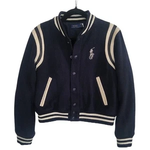Polo Ralph Lauren Wool Blend Bomber Jacket Pony Navy Size Large Leather Detail - Picture 1 of 17