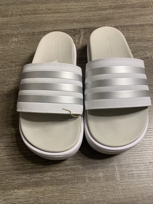 Women Size 7 - adidas Adilette Platform Slide Sandal White Metallic Grey - Image 1 of 4