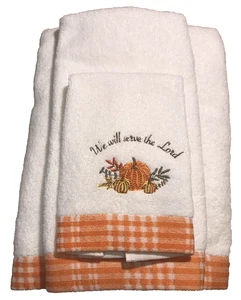Fall Harvest Autumn Bath Towels Pumpkin Embroidered We will Save the Lord NEW - Picture 1 of 6