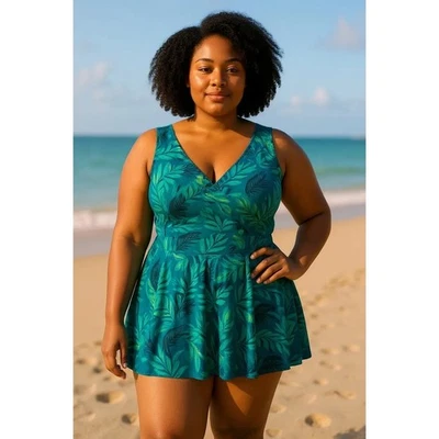 Summer Mae 3XL плавать платье цельный купальник тропический лист печати - Изображение 1 из 4