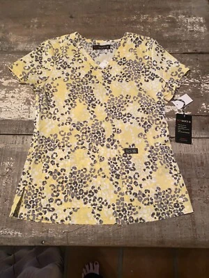 Koi basics Women's  scrub top xs nwt cute leopard print fun yellow gray grey - Image 1 of 4