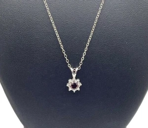 Necklace Women Sterling Silver 925 Garnet 2 small Diamonds Pendant 18” FAS Halo - Picture 1 of 8