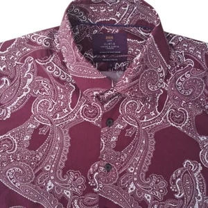 HAWES & CURTIS Shirt Mens 16.5 L Burgundy & White Paisley PICCADILLY STRETCH - Picture 1 of 10