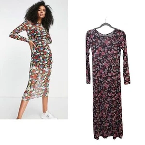 Nasty Gal Neu mit Etikett Langarm Blumen Stretch Mesh Midikleid 4 - Bild 1 von 6