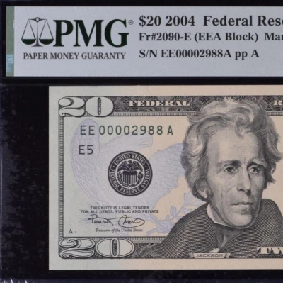 2004 $20 Federal Reserve Note PMG 64EPQ wanted popular low serial number 0002988 - Image 1 of 3