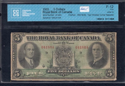 1933 Royal Bank of Canada $5 -CCCS F-12 - CH#630-16-02 NOTES*   A3 - Image 1 of 2