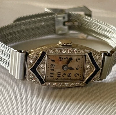 Reloj vintage de platino, diamantes y zafiros - ¡Reparado y funciona muy bien!! Foto 1 de 4