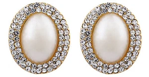 Pearl Clip On Earrings gold plated stud with clear crystals - Bertha G - Picture 1 of 3
