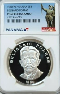 1980 PANAMA SILVER 5 BALBOAS S5B NGC PF 69 ULTRA CAMEO LOW MINTAGE TOP POP - Picture 1 of 3