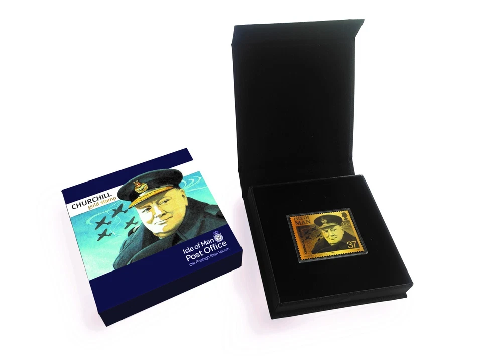 isle of Man Sir  Winston Churchill 150yrs  first Gold stamp IN SPECIAL BOX mnh G - Image 1 of 1