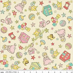 RILEY BLAKE VINTAGE BABY SPIELZEUG PUPPE TEEKANNE KATZE BLUMEN STOFF PREIS PRO 1/2 YD - Bild 1 von 1