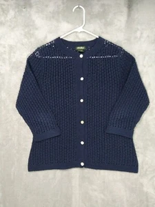 Eddie Bauer Sweater Women Large Navy Blue Linen Blend Cardigan Hand Crocheted - Picture 1 of 6