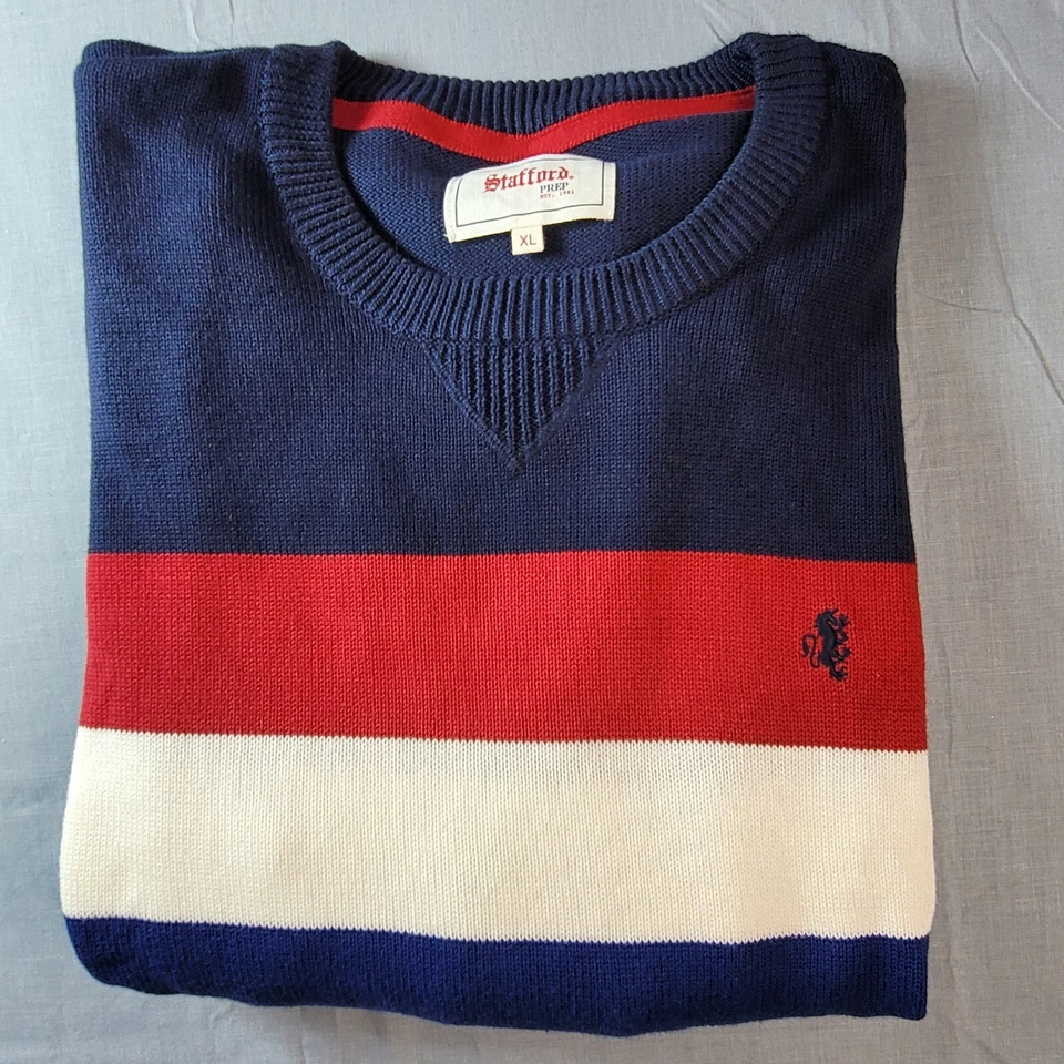 Stafford Pullover Sweater Mens  XL Striped Knit Preppy College Red White Blue  - Image 1 of 4