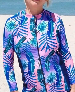 Woment Zip Rashie Skins 100+ Uvp Long Sleeve Navy Floral XL NWT Top Swimwear - Picture 1 of 5