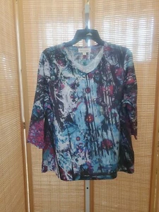 Breckenridge Damen Bluse Größe 1X Blau Schwarz Rosa Designs Perlen Schulter Plus - Bild 1 von 12