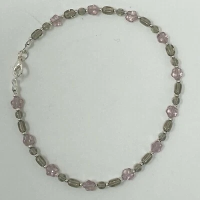 Handmade Anklet Silver Tone Gray Czech Glass Beads and Light Purple Stars 10.75" - Image 1 of 4