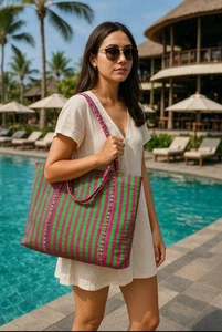 Pink and Green Handbag Shoulder Strap Market Bags Cotton Women's Handbags US - Picture 1 of 8