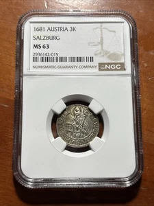 1681 AUSTRIA  Salzburg Silver 3 Kreuzer - NGC MS63 - Picture 1 of 4