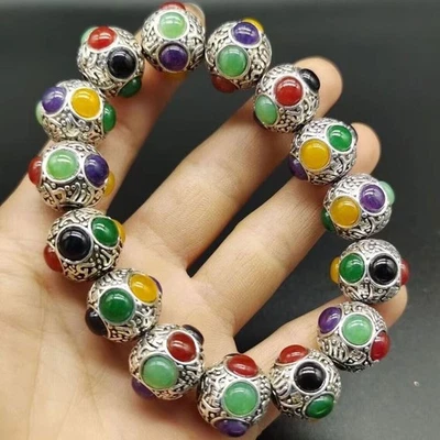 Antiguo Tíbet Plata Tallado Flor Incrustaciones Rojo Verde Negro Jade Plata Brazalete 9032 Foto 1 de 4