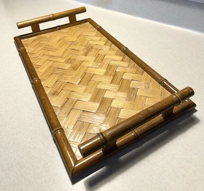 Vtg Bamboo Look Wood Woven Rattan Serving Tray w/ Handles Boho Chic 18.5”x10.5” - Image 1 of 4