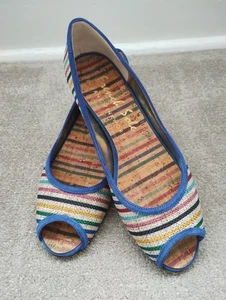 Zapatos de salón de ballet con cuña y puntera abierta Suela francesa EU38 textil a rayas verano NUEVO - Imagen 1 de 5