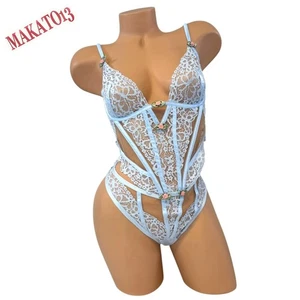 For Love & Lemons Size MEDIUM Blue Butterfly Lace Teddy Bodysuit Lingerie Floral - Picture 1 of 11