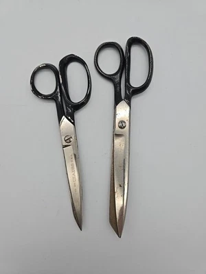 Vintage Black Metal Handle Scissors 6" Claus & 7" Unbranded Cuts Nicely - Image 1 of 4