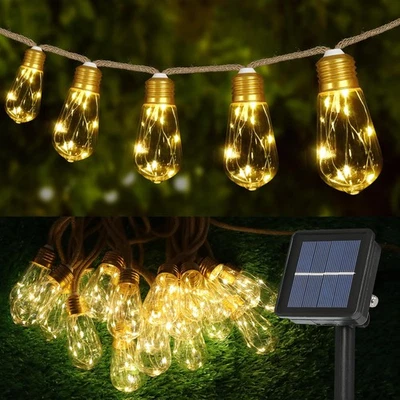 Solar String Lights, 24FT Vintage Rope Hemp Solar Outdoor String Lights with ... - Immagine 1 di 4