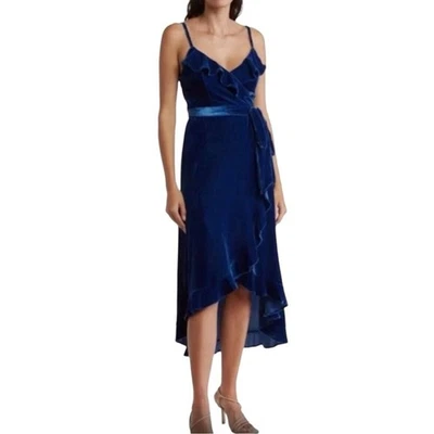 BCBGeneration Blue Velvet Wrap Dress Sz L Ruffle Trim Whimsigoth Baddie Romantic - Image 1 of 4