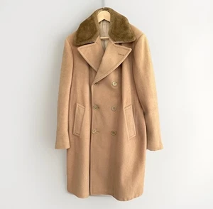Vintage Zero King 100% Wool Overcoat Camel 1950s Coat w/ Mouton Collar Size 44L - Picture 1 of 23