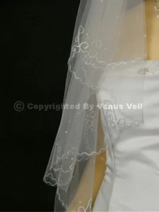 2T White Bridal Fingertip Scalloped Looping thread and Scattered Pearls Veil - Picture 1 of 5