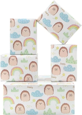 Cute Hedgehog Birthday Wrapping Paper for Kids,4 Sheet Hedgehog and Rainbow Clou - Image 1 of 4