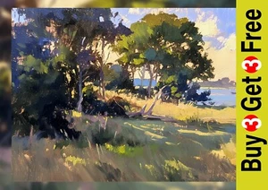 Sunlit Coastal Trees 5"x7" Print on Matte Paper | Serene Oil Nature Painting - Picture 1 of 17