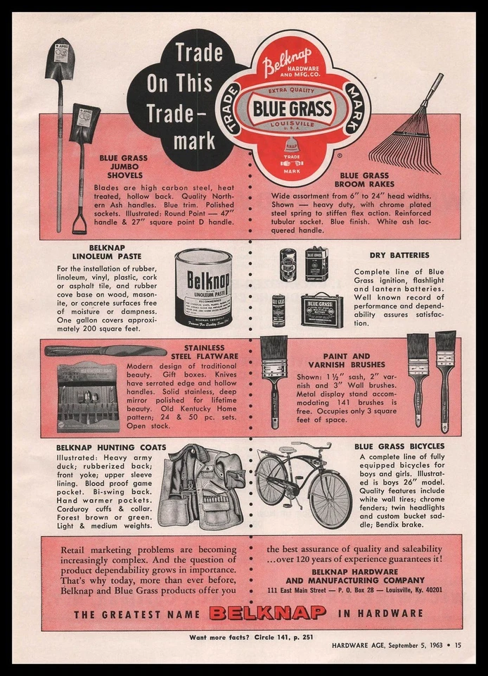 Belknap Hardware Louisville 1963 azul hierba bicicletas abrigos de caza anuncio impreso Foto 1 de 1