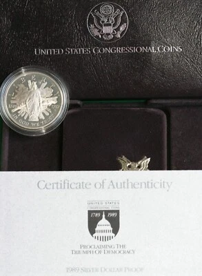 1989 CONGRESSIONAL Silver Dollar Proof Congress $1 Coin Box and COA - Image 1 of 3