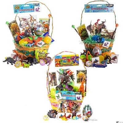 VEIL ENTERTAINMENT Dinosaur Theme Toy Treat Filled Kids Easter Basket Gift Set for Boys or Girls