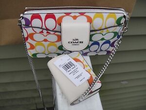 NEW COACH RAINBOW SIGNATURE POPPY CROSSBODY BAG WITH CARD CASE.100% GENUINE