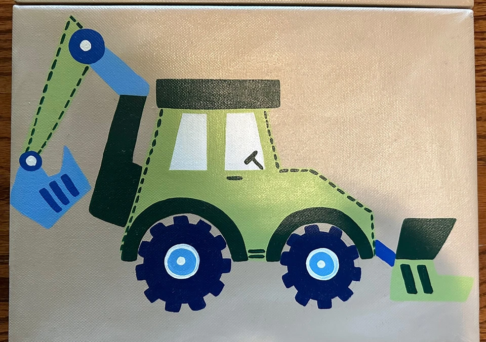 Set Of 4 Blue and green construction trucks painted artwork EUC 9x12 - Image 1 of 4