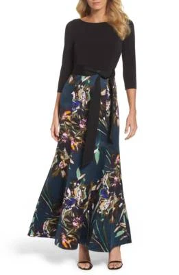 Ellen Tracy Jersey & Print Satin Trumpet Gown (size 2) - Image 1 of 3