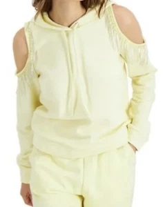 INC International Concepts INC Cold-Shoulder Rhinestone Fringe Hoodie (Yellow) L - Picture 1 of 5
