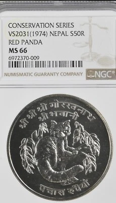 NEPAL 1974 50 Rupees Silver RED PANDA NGC MS66 - Image 1 of 4