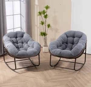 Rattan Schaukelstuhl im Freien,gepolsterter Kissen Rocker Recliner Stuhl Grau DE - Bild 1 von 14