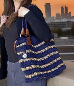 The SAK Cambria Navy Woven Ribbon and Crochet Tote Shoulder Bag California Beach - Picture 1 of 19