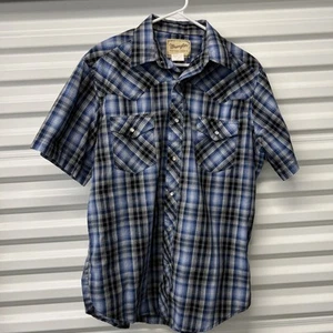 Camisa Western Wrangler Vintage Perla A Presión Botones Talla L Azul y Negro A Cuadros - Imagen 1 de 9