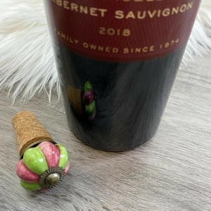 Wine Cork Stopper Decorative Flower Shiny Colored Painted Green Pink Ceramic - Picture 1 of 6